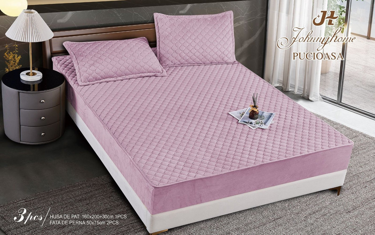 Husa matlasata tip topper din catifea, 160x200cm+2 fete de perna 50x70cm, Roz Inchis-H6809