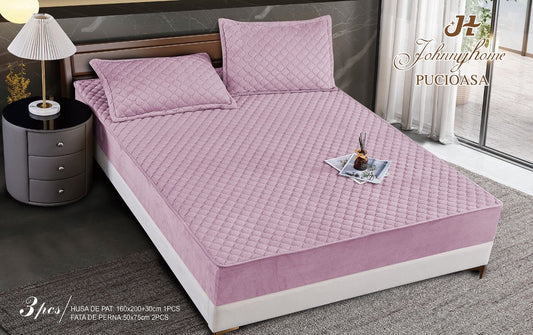 Husa matlasata tip topper din catifea, 160x200cm+2 fete de perna 50x70cm, Roz Inchis-H6809