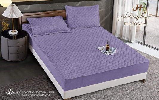 Husa matlasata tip topper din catifea, 160x200cm+2 fete de perna 50x70cm, Mov-H6815