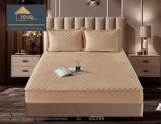 Husa matlasata tip topper din catifea, 180x200cm+2 fete de perna 50x70cm, Bej