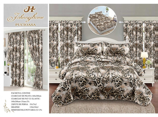 Lenjerie 1 Persoana cu Elastic, Finet, 4 Piese + 2 Draperii, Animal Print-H7794