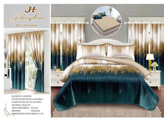 Lenjerie 1 Persoana cu Elastic, Finet, 4 Piese + 2 Draperii, Verde/Bej-H7792