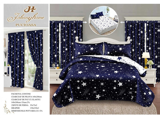 Lenjerie 1 Persoana cu Elastic, Finet, 4 Piese + 2 Draperii, Bleumarin/Stele-H7795