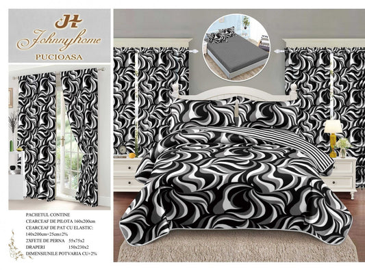 Lenjerie 1 Persoana cu Elastic, Finet, 4 Piese + 2 Draperii, Negru/Alb-H7787