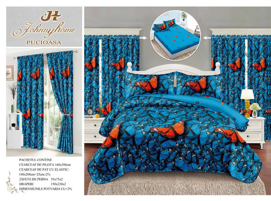 Lenjerie 1 Persoana cu Elastic, Finet, 4 Piese + 2 Draperii, Fluturi-H7791