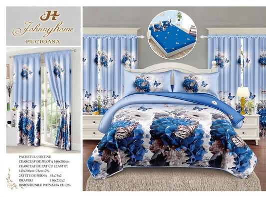 Lenjerie 1 Persoana cu Elastic, Finet, 4 Piese + 2 Draperii, Flori-H7785