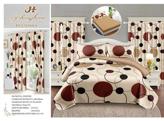 Lenjerie 1 Persoana cu Elastic, Finet, 4 Piese + 2 Draperii, Bej/Cercuri-H7786