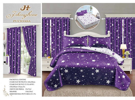 Lenjerie 1 Persoana cu Elastic, Finet, 4 Piese + 2 Draperii, Mov/Stele-H7790