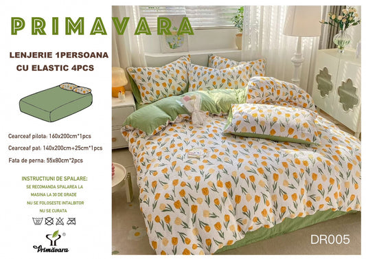 Lenjerie 4 Piese 1 Persoana, cu Elastic, din Bumbac Creponat, Verde/Lalele-P6661