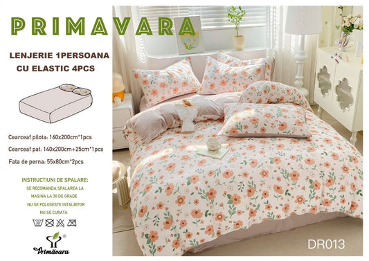 Lenjerie 4 Piese 1 Persoana, cu Elastic, din Bumbac Creponat, Grej/Floricele-P6663