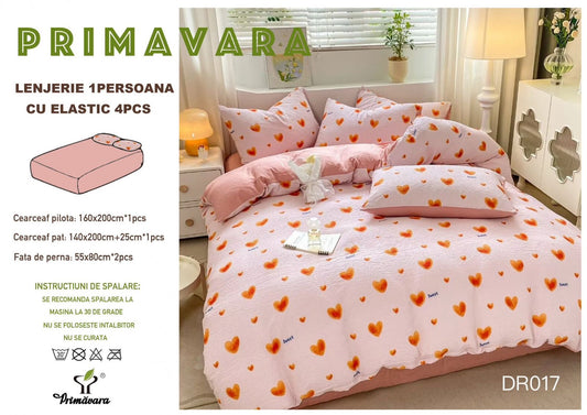 Lenjerie 4 Piese 1 Persoana, cu Elastic, din Bumbac Creponat, Roz/Inimi-P6667