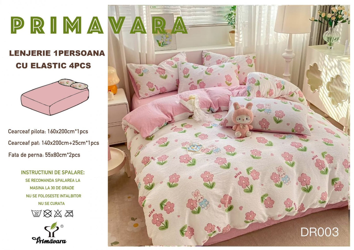 Lenjerie 4 Piese 1 Persoana, cu Elastic, din Bumbac Creponat, Roz/Floricele-P6669