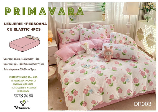 Lenjerie 4 Piese 1 Persoana, cu Elastic, din Bumbac Creponat, Roz/Floricele-P6669