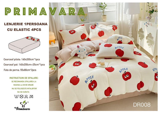 Lenjerie 4 Piese 1 Persoana, cu Elastic, din Bumbac Creponat, Mere-P6658