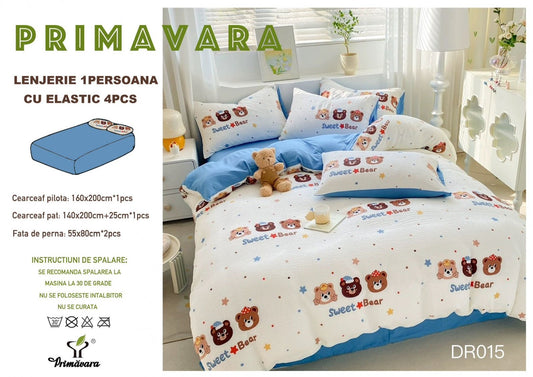 Lenjerie 4 Piese 1 Persoana, cu Elastic, din Bumbac Creponat, Albastru/Ursuleti-P6657