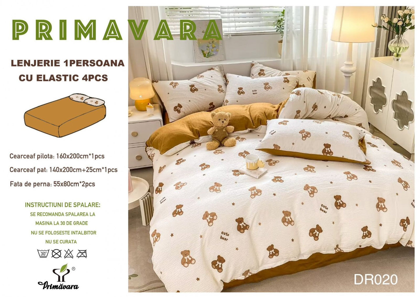Lenjerie 4 Piese 1 Persoana, cu Elastic, din Bumbac Creponat, Maro/Ursuleti-P6654