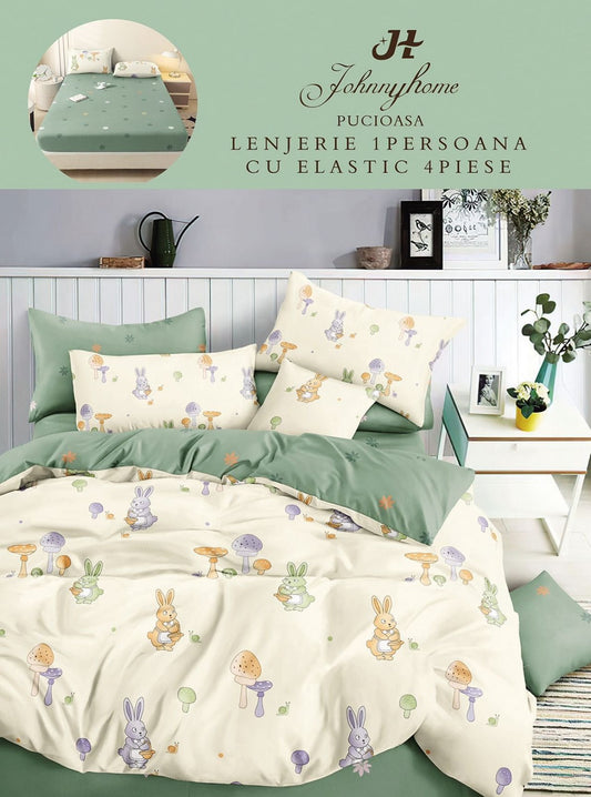 Lenjerie 4 Piese 1 Persoana, cu Elastic, din Bumbac Satinat, Iepurasi/Ciupercute-H6948