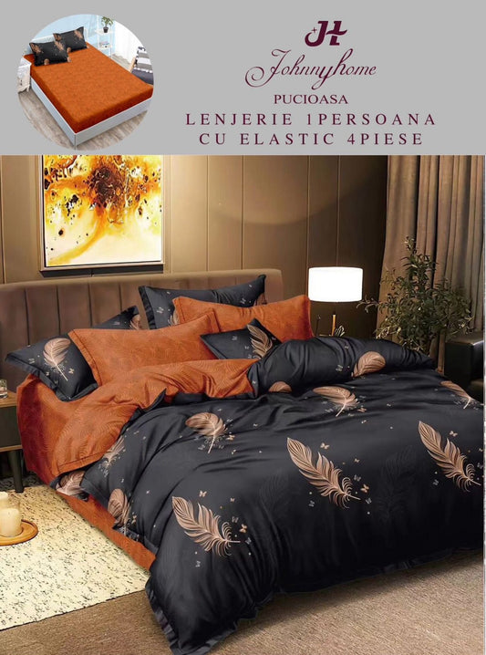 Lenjerie 4 Piese 1 Persoana, cu Elastic, din Bumbac Satinat, Negru/Portocaliu/Pene-H6946
