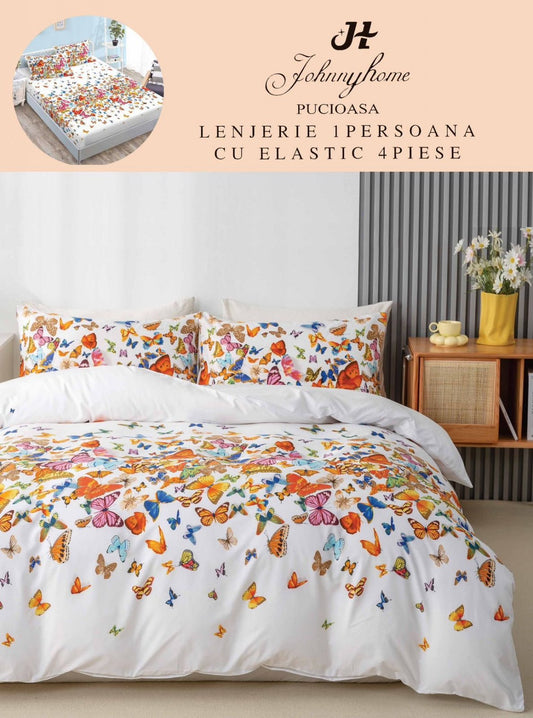 Lenjerie 4 Piese 1 Persoana, cu Elastic, din Bumbac Satinat, Alb/Fluturi-H6777