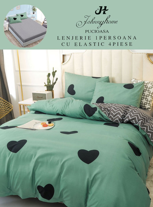 Lenjerie 4 Piese 1 Persoana, cu Elastic, din Bumbac Satinat, Verde/Inimi-H6775