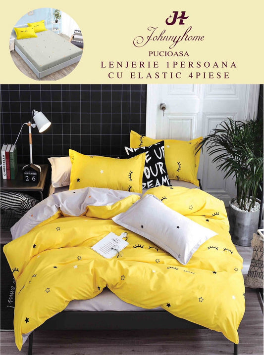 Lenjerie 4 Piese 1 Persoana, cu Elastic, din Bumbac Satinat, Galben/Gene-H6779