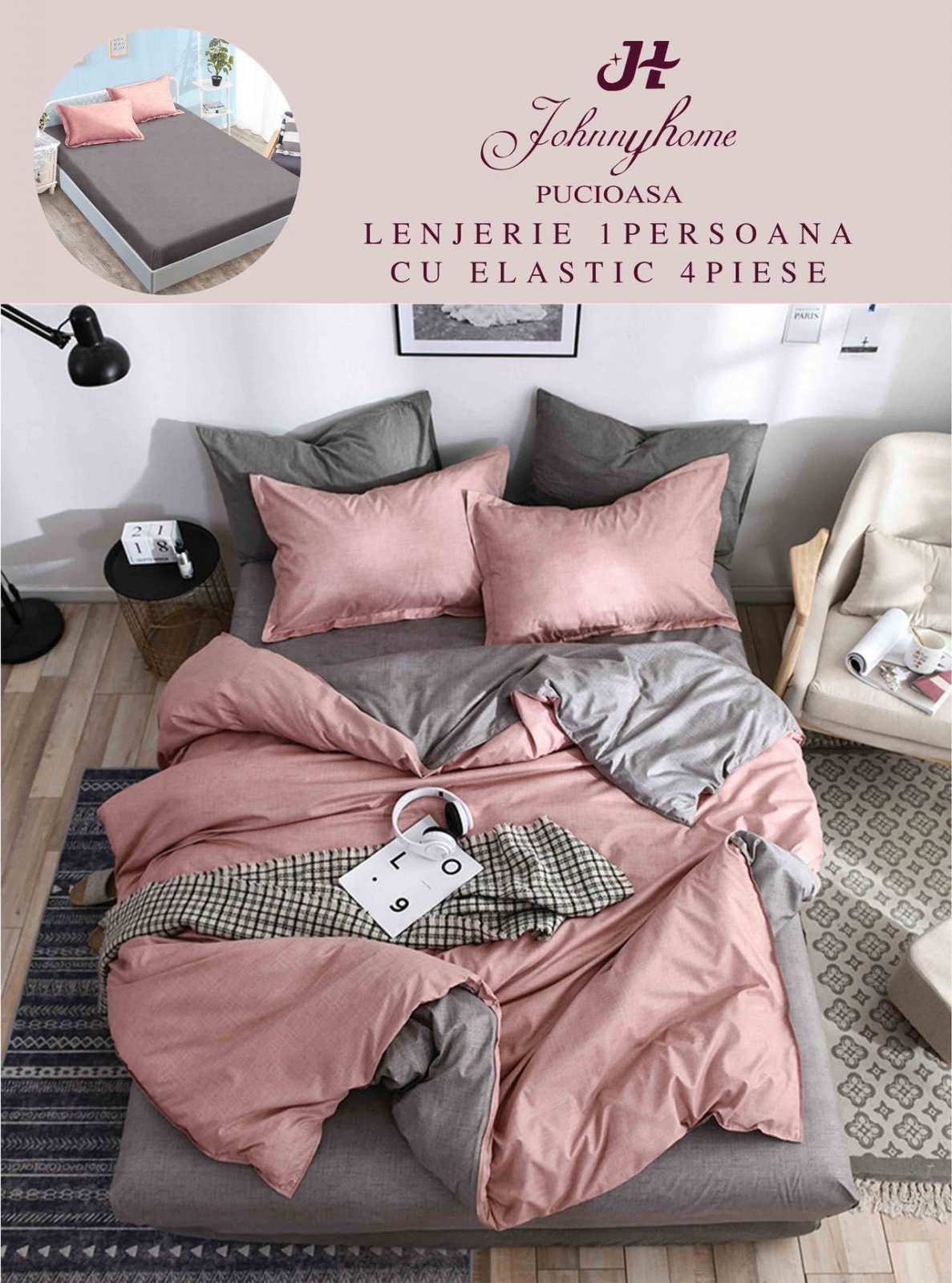 Lenjerie 4 Piese 1 Persoana, cu Elastic, din Bumbac Satinat, Roz/Gri-H6791