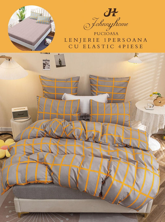 Lenjerie 4 Piese 1 Persoana, cu Elastic, din Bumbac Satinat, Patratele-H6794