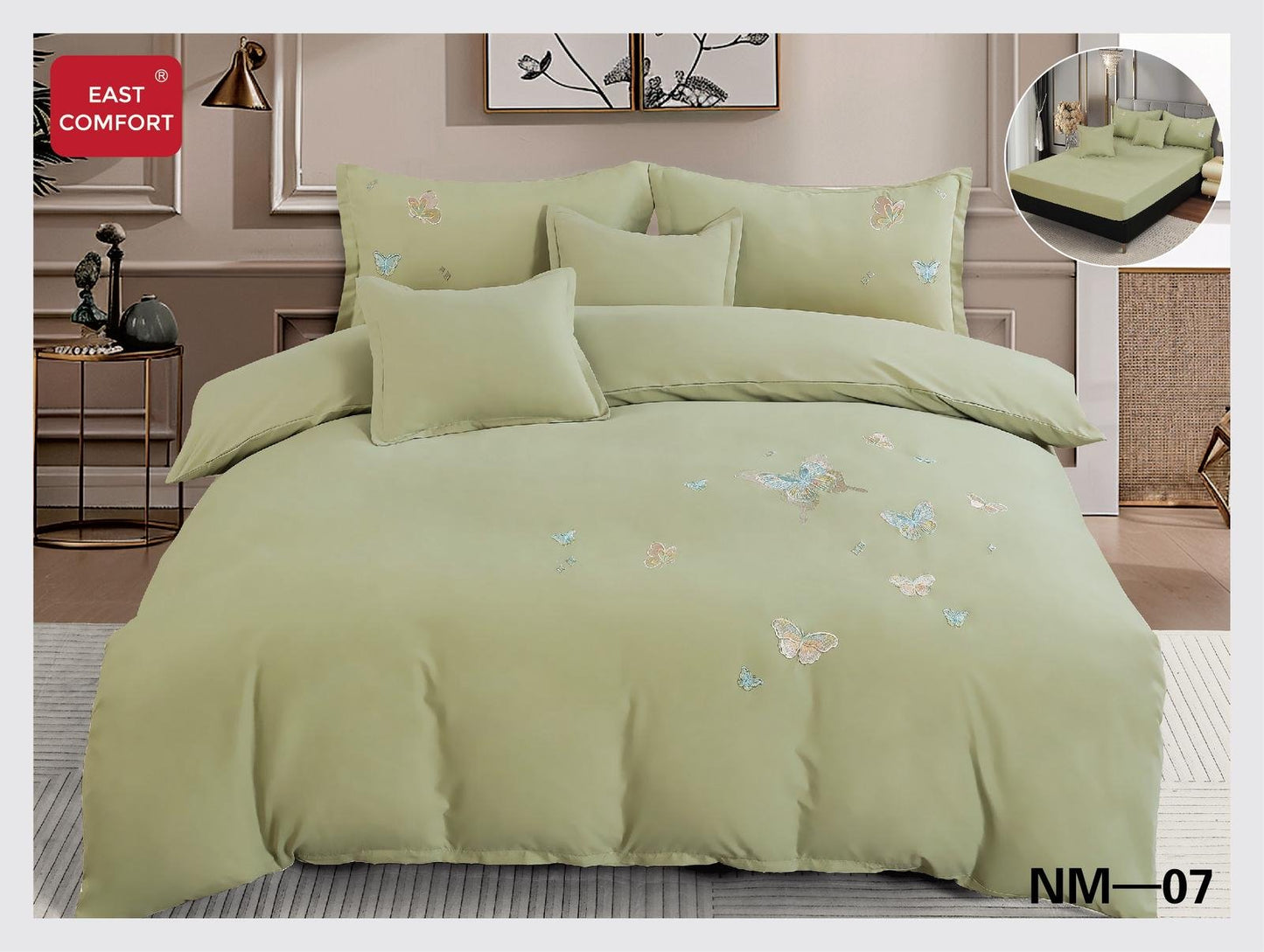 Lenjerie 6 Piese Din Bumbac Satinat Premium, cu Elastic si Fluturi Imprimati, Verde-D8096