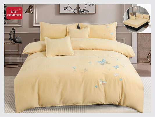 Lenjerie 6 Piese Din Bumbac Satinat Premium, cu Elastic si Fluturi Imprimati, Galbui-D8098
