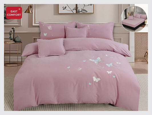 Lenjerie 6 Piese Din Bumbac Satinat Premium, cu Elastic si Fluturi Imprimati, Roz Prafuit-D8100