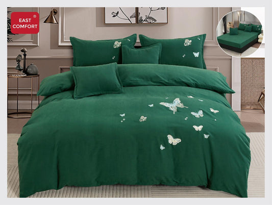 Lenjerie 6 Piese Din Bumbac Satinat Premium, cu Elastic si Fluturi Imprimati, Verde Smarald-D8097