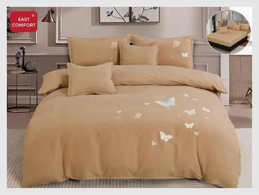 Lenjerie 6 Piese Din Bumbac Satinat Premium, cu Elastic si Fluturi Imprimati, Bej-D8101