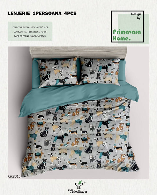 Lenjerie Bumbac 100%, 4 Piese, 1 Persoana, Catelusi-P7455