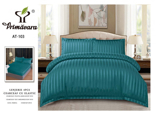 Lenjerie Bumbac Damasc 4 Piese cu Elastic, Verde Inchis, Uni-P5278