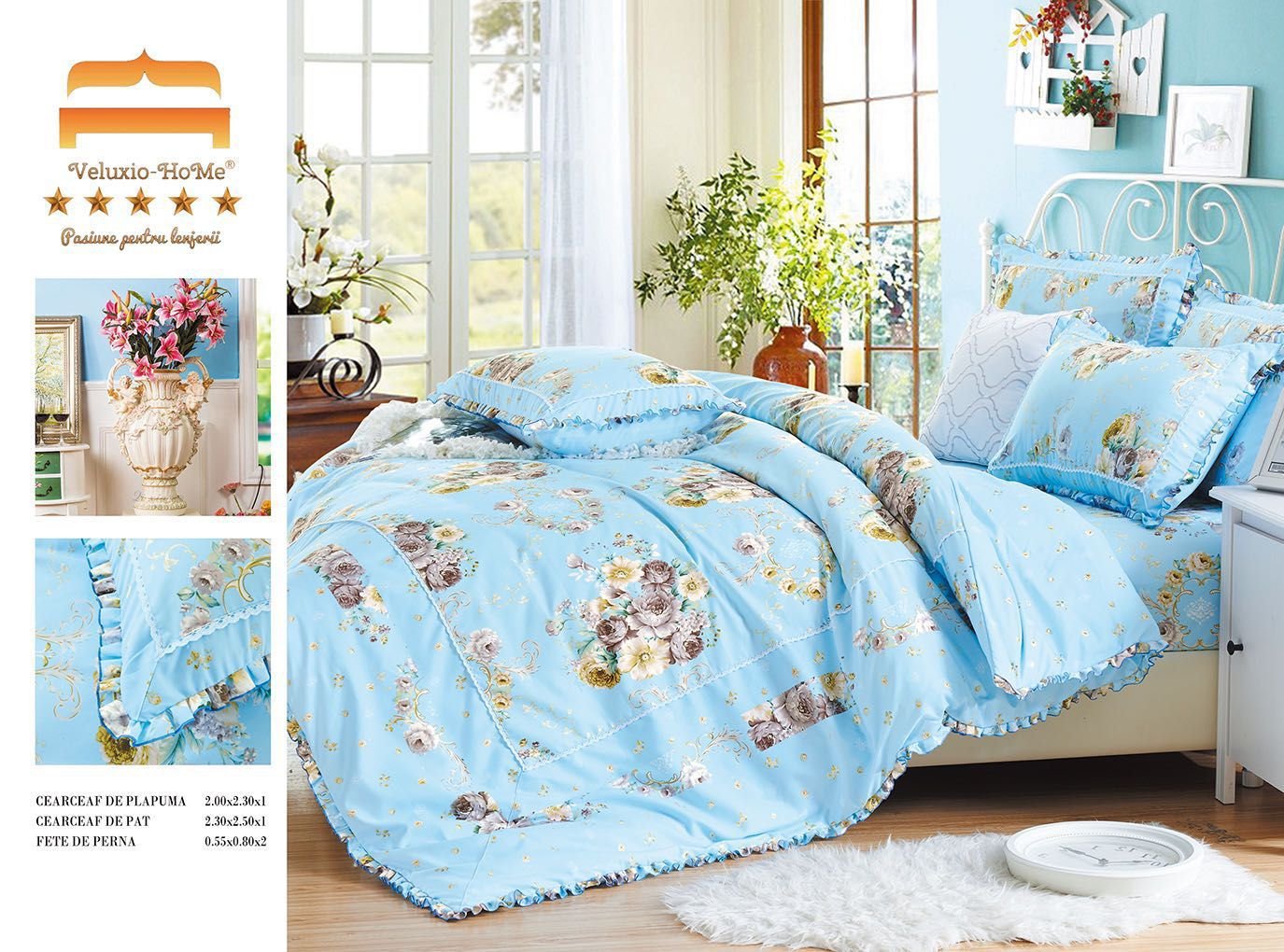 Lenjerie Bumbac Finet Premium 4 Piese cu Volanase, Albastru/Flori-M4662