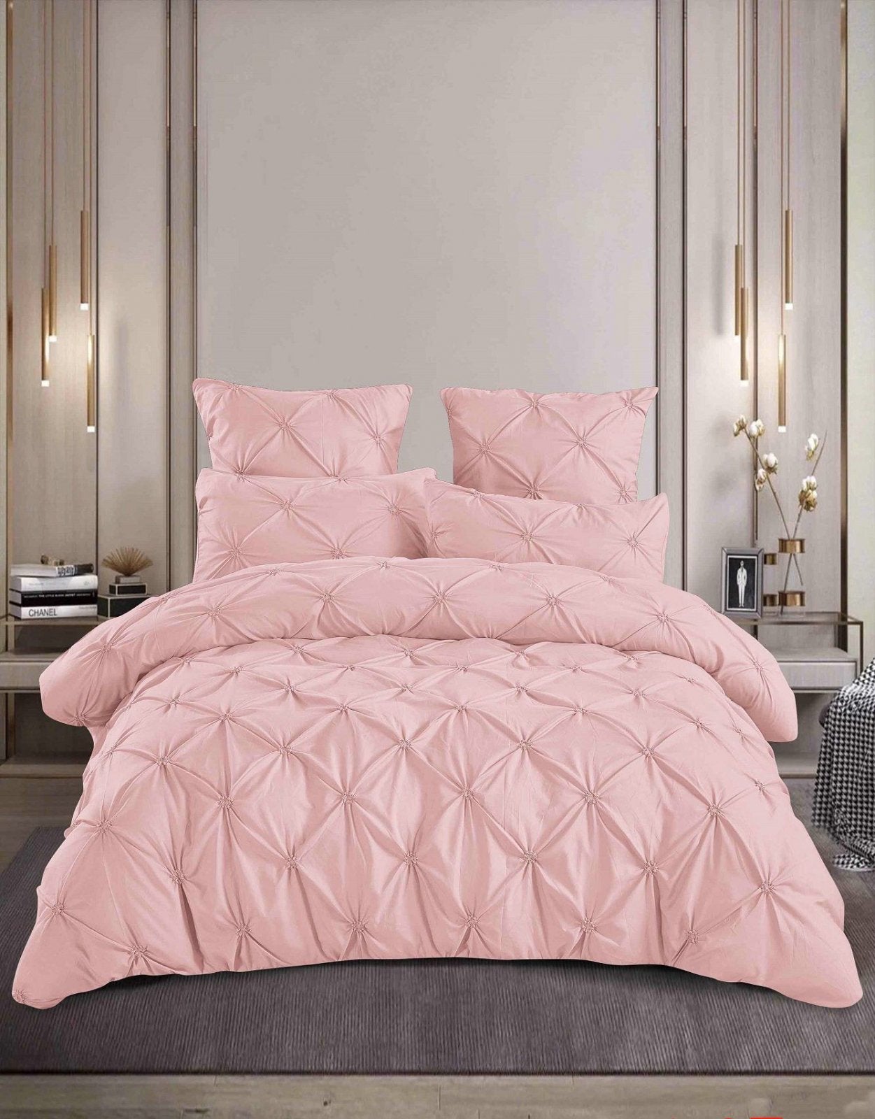 Lenjerie Bumbac Premium 6 Piese cu Pliuri Brodate, Roz Deschis-M8198