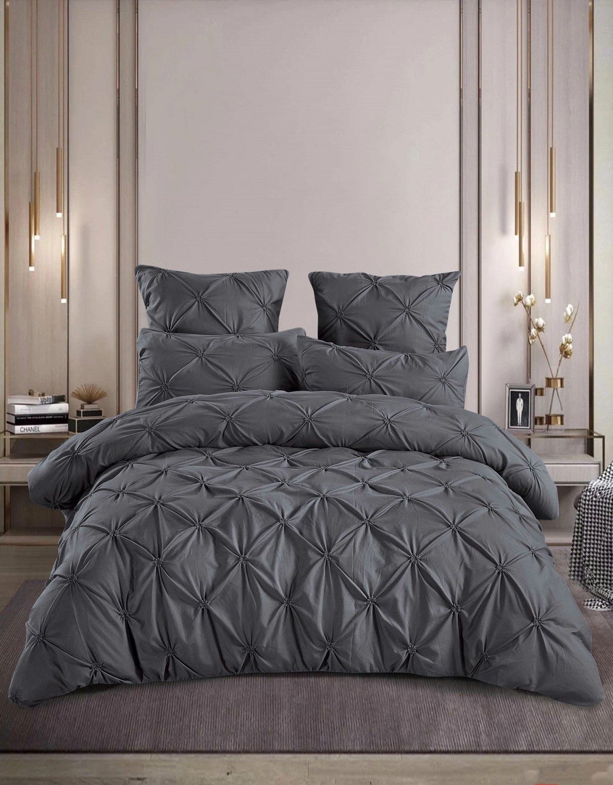 Lenjerie Bumbac Premium 6 Piese, cu Pliuri Brodate, Gri Inchis-M4497
