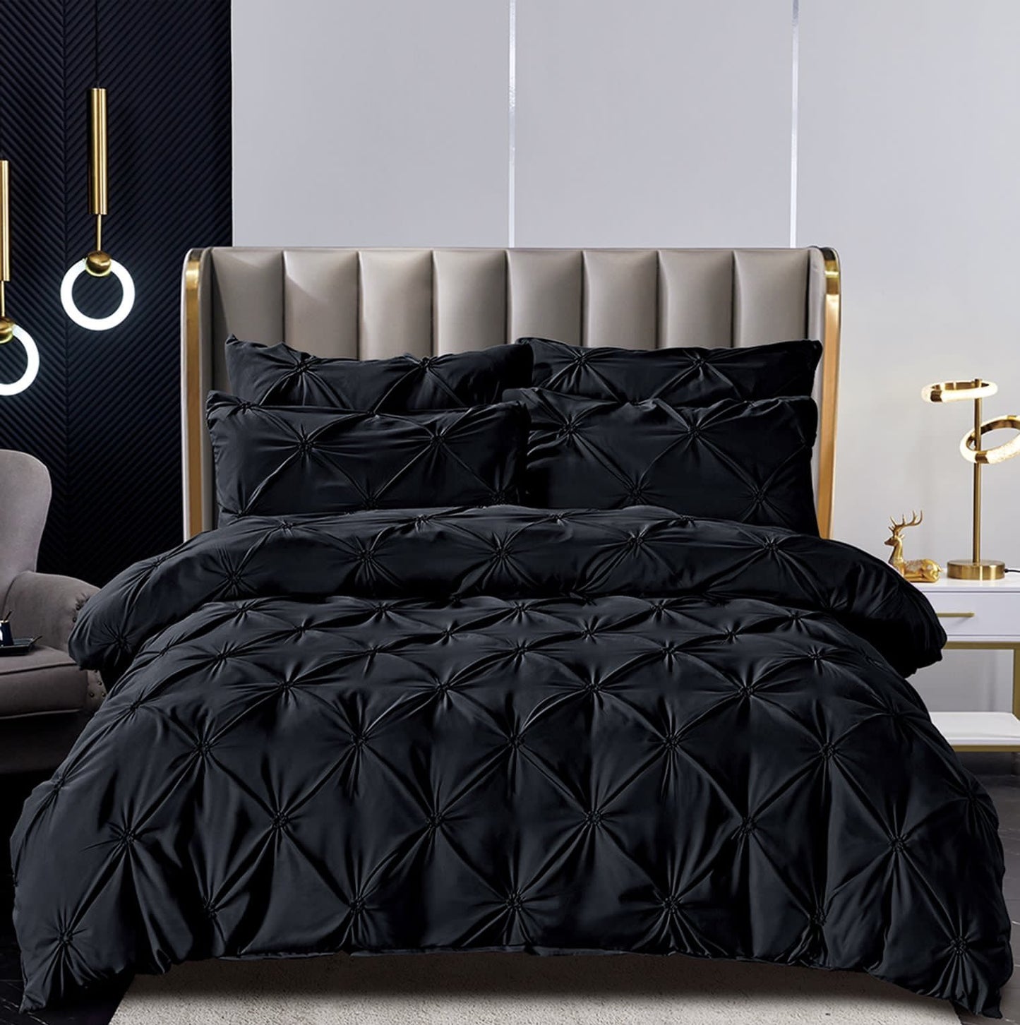 Lenjerie Bumbac Premium 6 Piese, cu Pliuri Brodate, Neagra-C3027