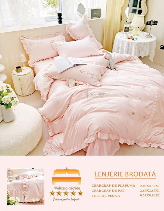 Lenjerie Bumbac Finetat Premium 4 Piese cu Volanase si Broderie, Roz-M6223