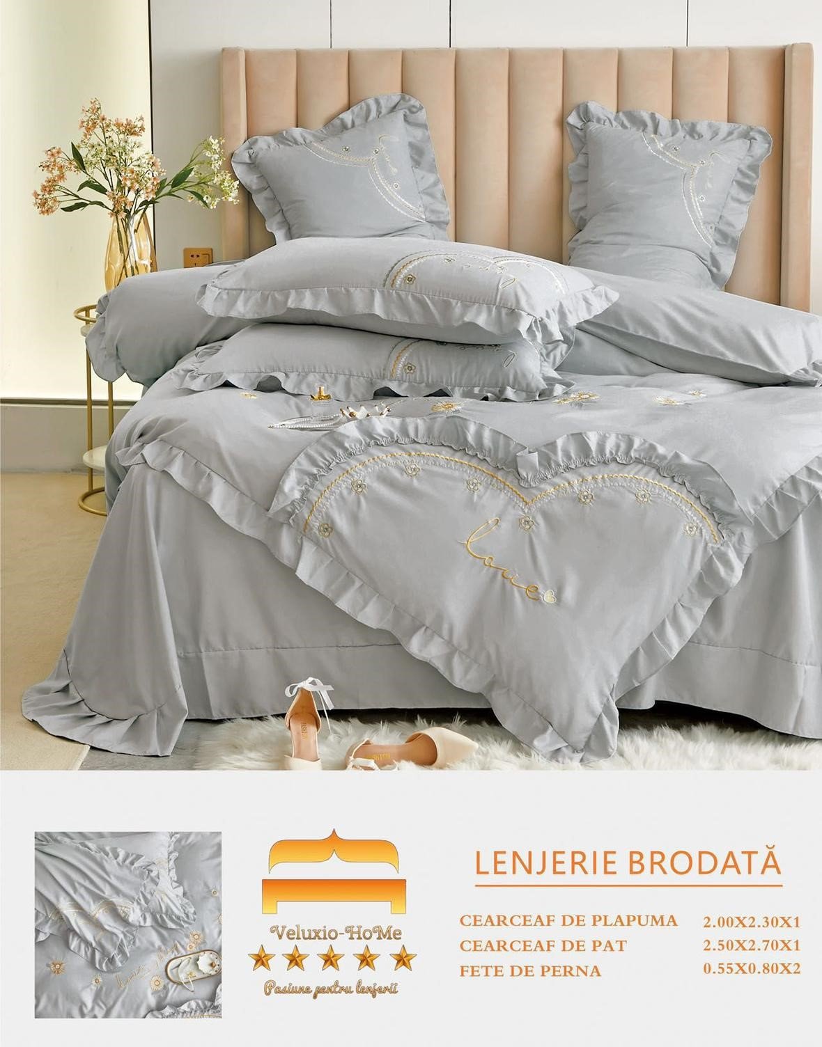 Lenjerie Bumbac Finetat Premium 4 Piese cu Volanase si Broderie, Gri-M6216