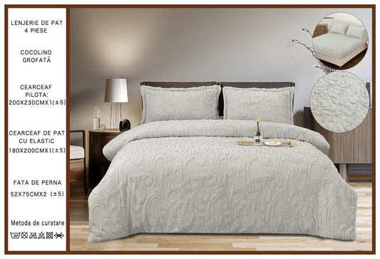 Lenjerie Cocolino Grofata, cu Blanita, 4 Piese, Cearceaf pat cu Elastic, Gri Deschis-P7095