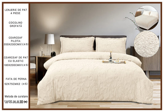 Lenjerie Cocolino Grofata, cu Blanita, 4 Piese, Cearceaf pat cu Elastic, Crem-P7100