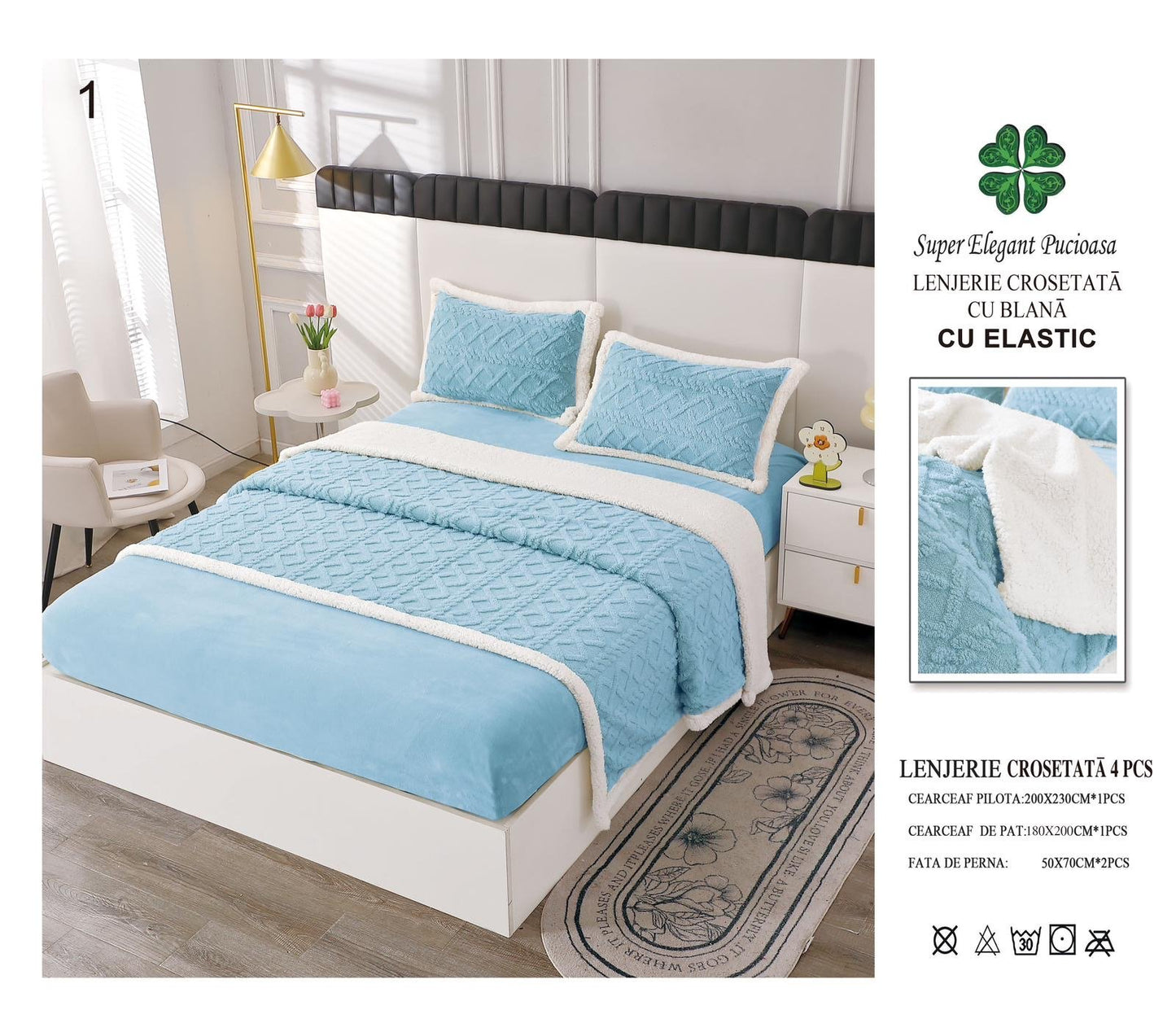 Lenjerie Cocolino Tip Tricotaj, cu Blanita, 4 Piese, cu Elastic, Bleu-V5535