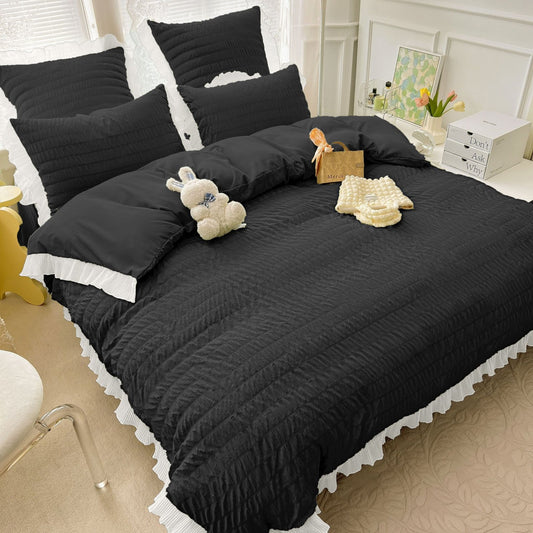 Lenjerie de Pat 6 Piese, Creponata, cu Volanase, Negru