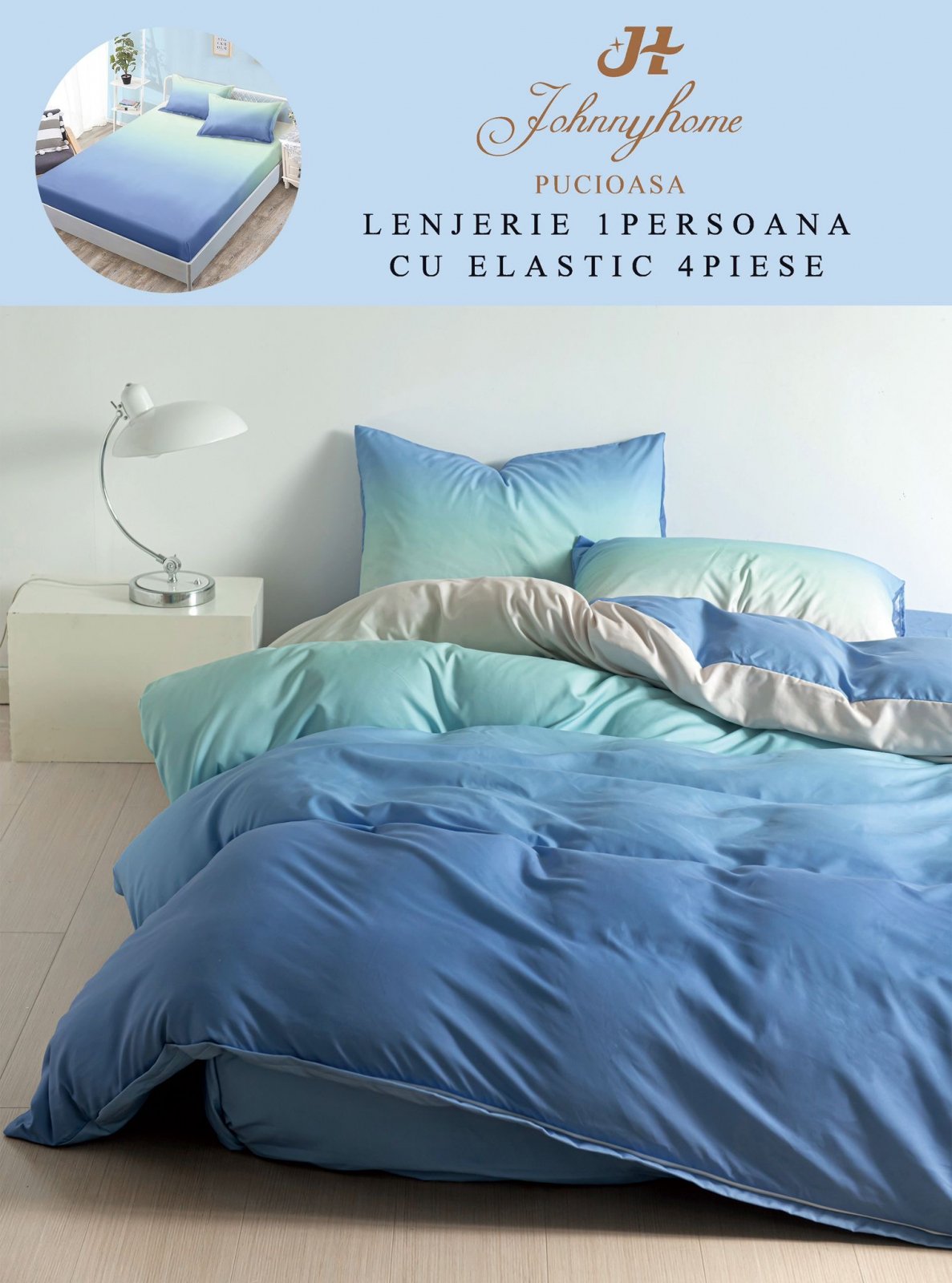 Lenjerie Finet 4 Piese 1 Persoana, cu Elastic, Bleu Degrade-H7542