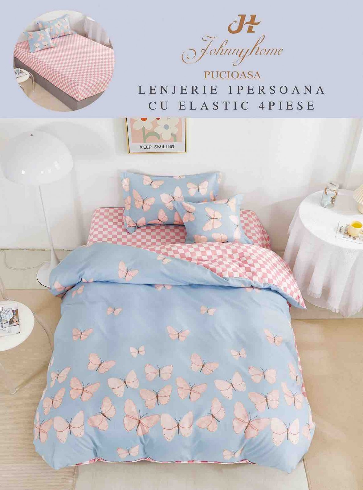 Lenjerie Finet 4 Piese 1 Persoana, cu Elastic, Fluturasi-H7419
