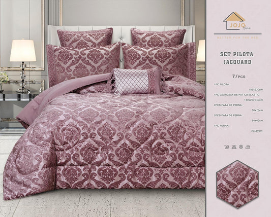 Lenjerie Jacquard cu Pilota Inclusa, Cearceaf pat cu Elastic, , 7 piese, Roz Inchis