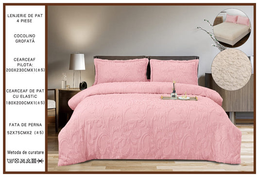 Lenjerie Cocolino Grofata, cu Blanita, 4 Piese, Cearceaf pat cu Elastic, Roz-P7094
