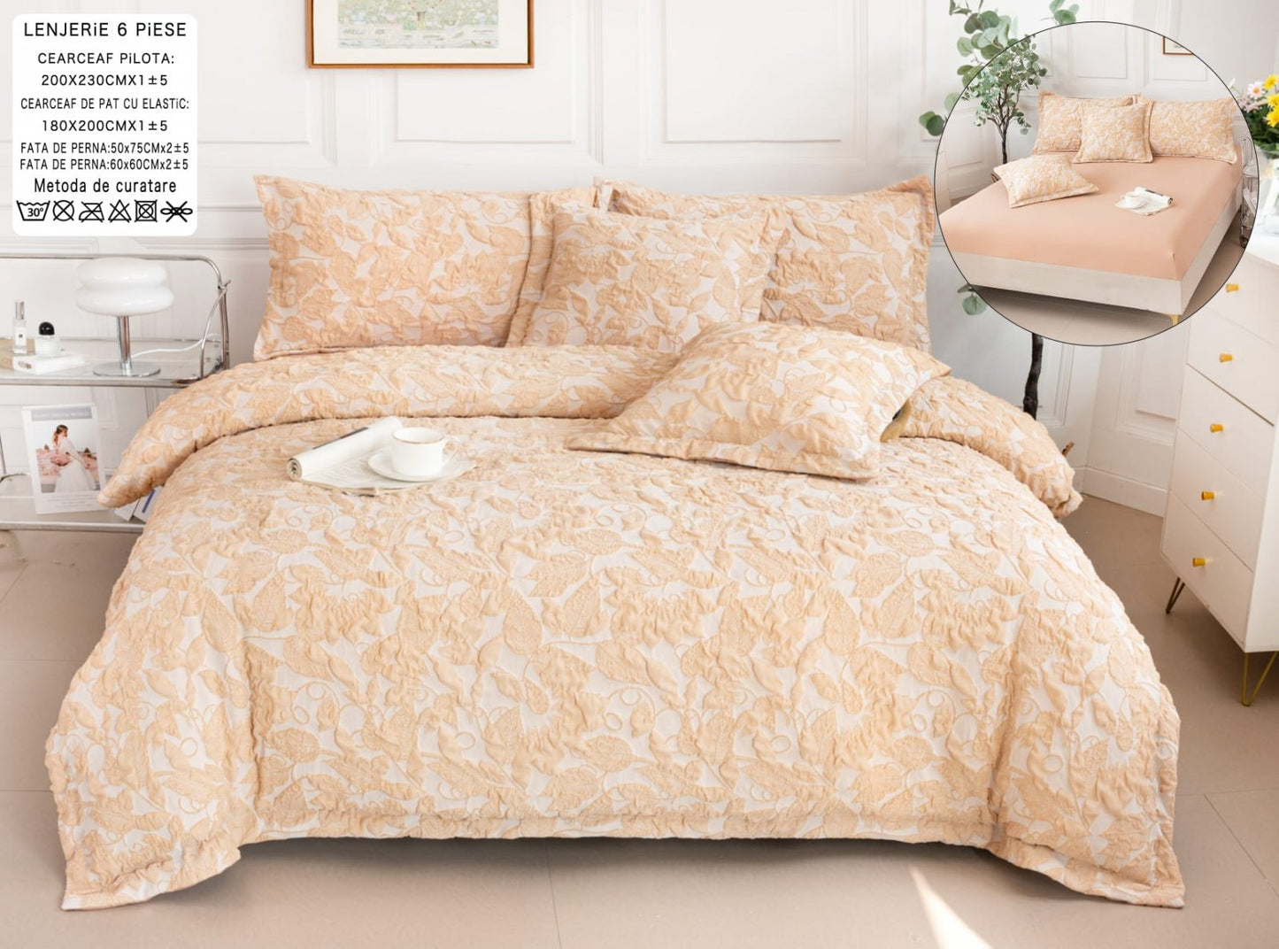 Lenjerie Pat Dublu cu Elastic din Bumbac Fin Grofat, cu 6 Piese, Orange-P6567