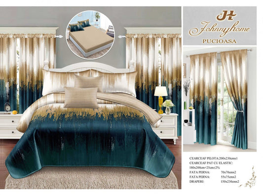 Lenjerie Pat Dublu cu Elastic, din Finet, 6 Piese + 2 Draperii, Verde/Bej-H7803